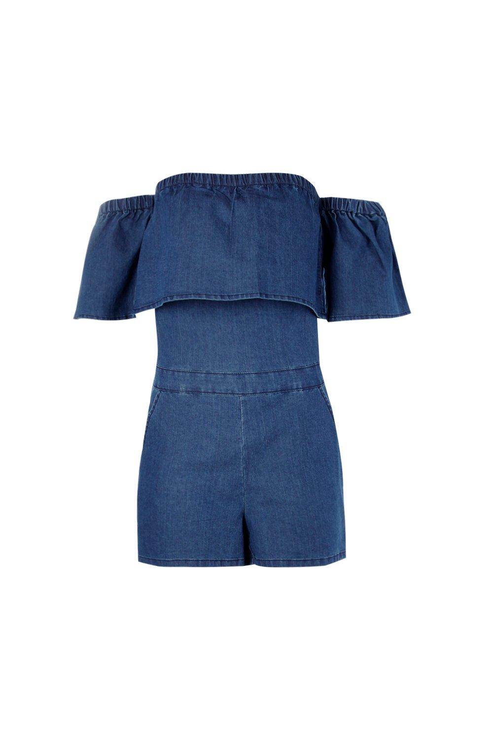 Ruffle Off The Shoulder Denim Playsuit